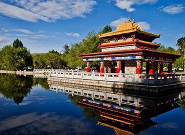 Tyokyil Potrang is a pavilion in the midst of a lake.