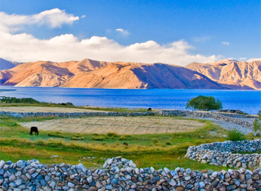 Pangongtso Lake  shows blue uner the sky.