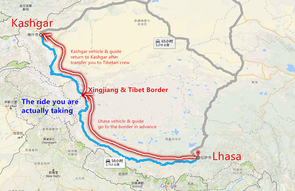 Overland map from Kashgar to Lhasa