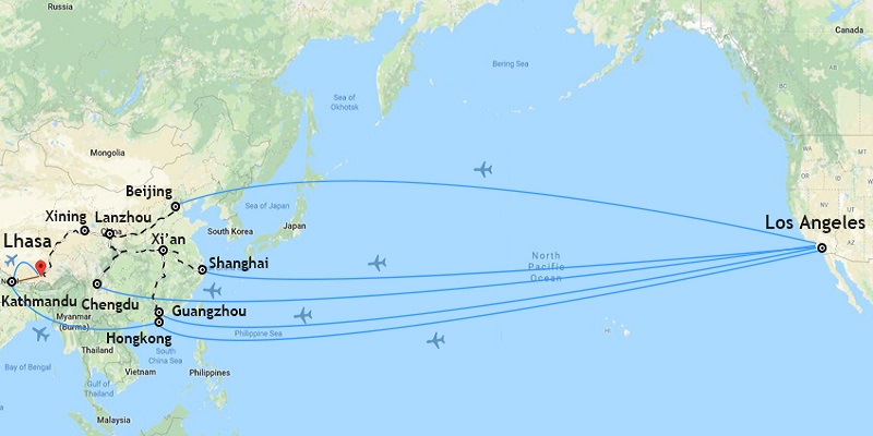 Direct flights from Los Angeles to mainland China.