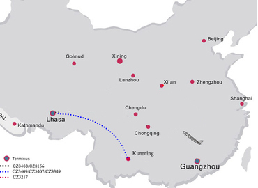 flight route from Kunming to Lhasa