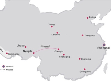 The map of the flight route from Chengdu to Nyingchi