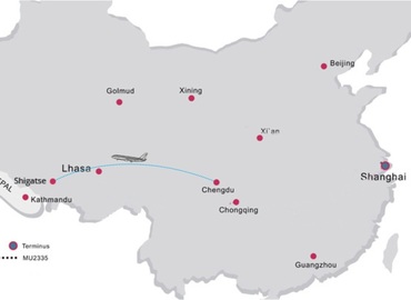 The map of the flight route from Chengdu to Shigatse