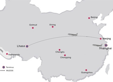 See the flight route from Nanjing to Lhasa on the map.