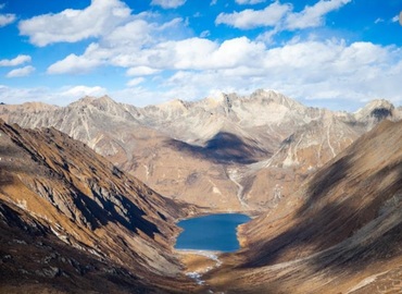 Far view of the most mysterious Tibetan lake Lhamo La-tso.