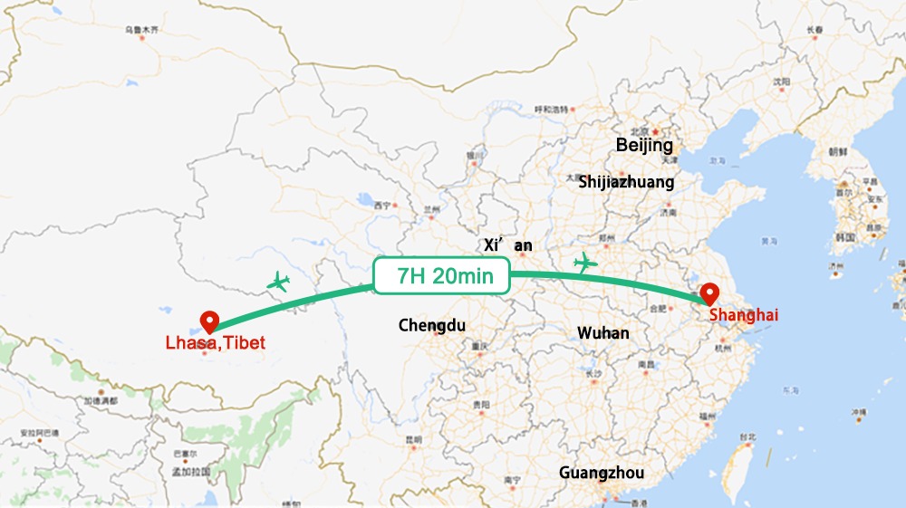 a map shows the flight route from Shanghai to Tibet