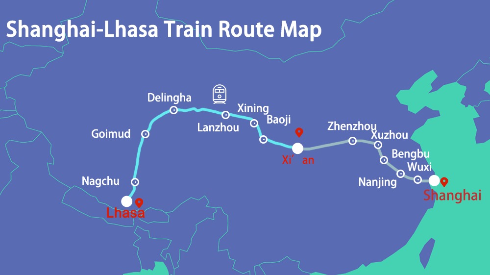 a map shows the train route from Shanghai to Tibet