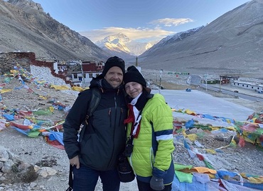 Our clients at Everest Base Camp, with Mt.Everest in the background.