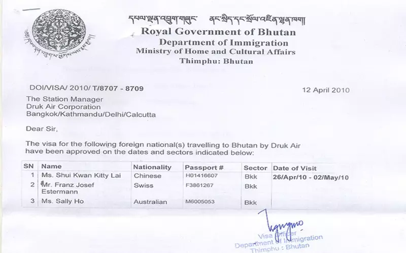 Bhutan Visa Approval Letter