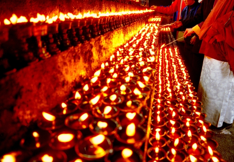 The beautiful scene during the Butter Lamp Festival. Thousands of butter lamps are lightened on the day.