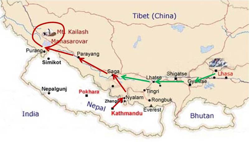 Tibet and Nepal in map.
