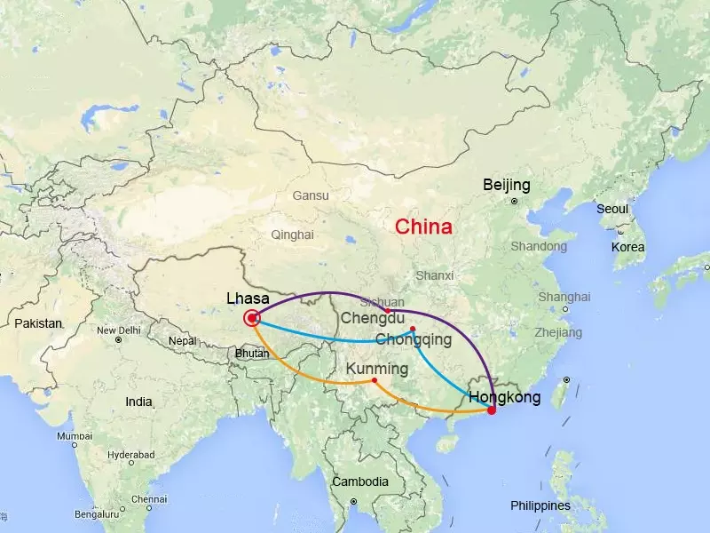 Air route from Hongkong to Lhasa