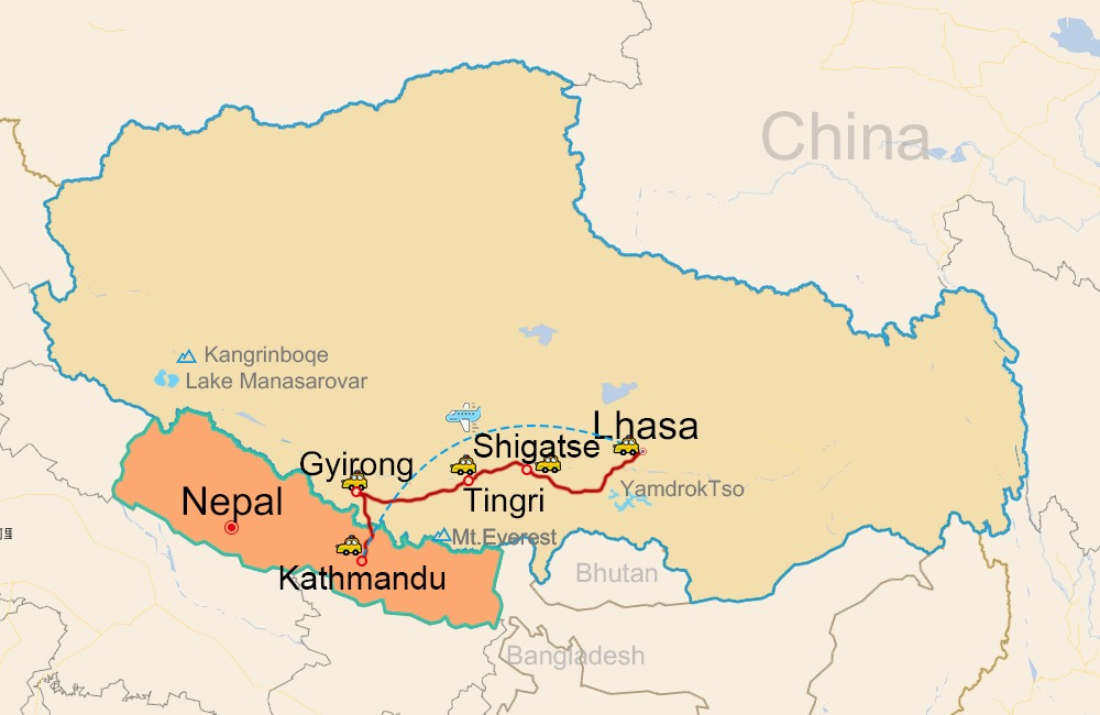 Travel route between Kathmandu and Lhasa