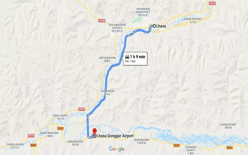 Gonggar Airport to Lhasa downtown.