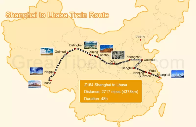 Map of Shanghai to Lhasa train route