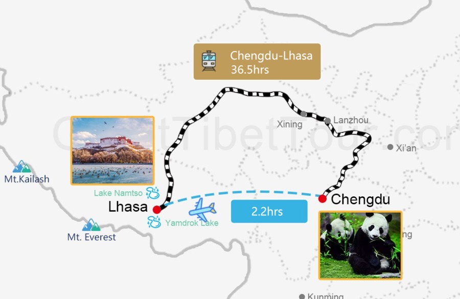 Travel map from Chengdu to Lhasa