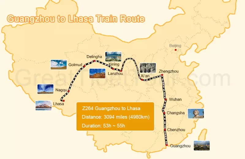 Map of Guangzhou to Lhasa train route