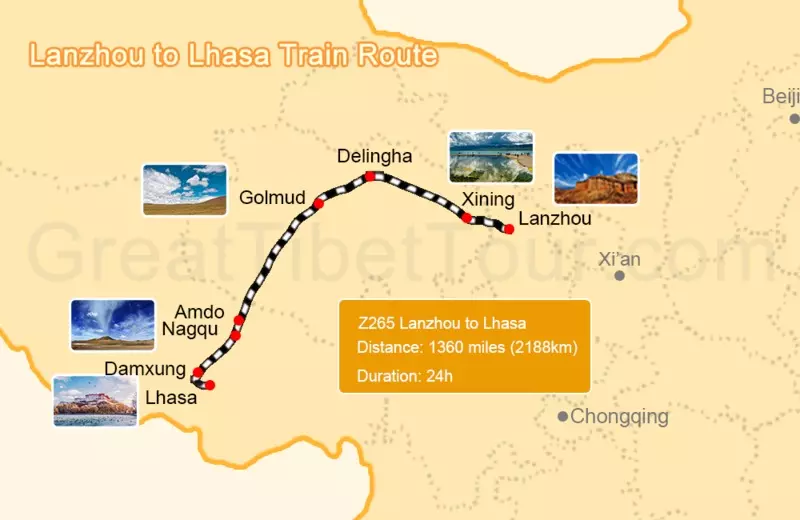 Map of Lanzhou to Lhasa train route