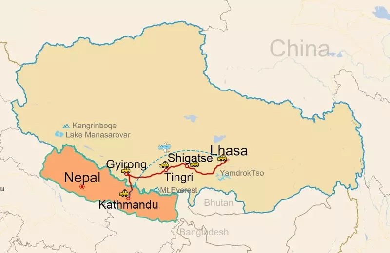 Overland route map from Kathmandu to Lhasa