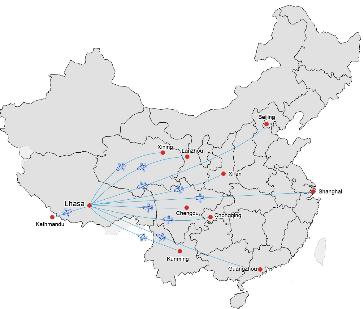 Flight routes to Lhasa