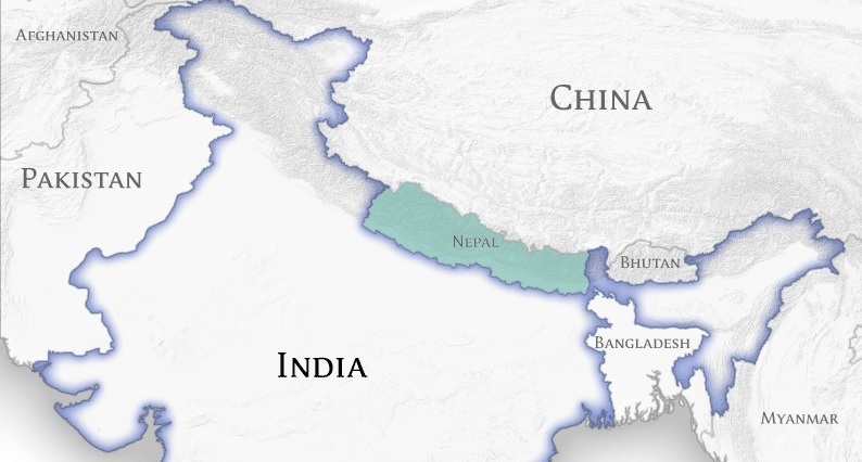 Nepal and Bhutan on a map