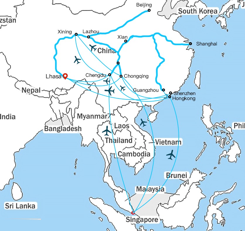 Air route from Singapore to Tibet