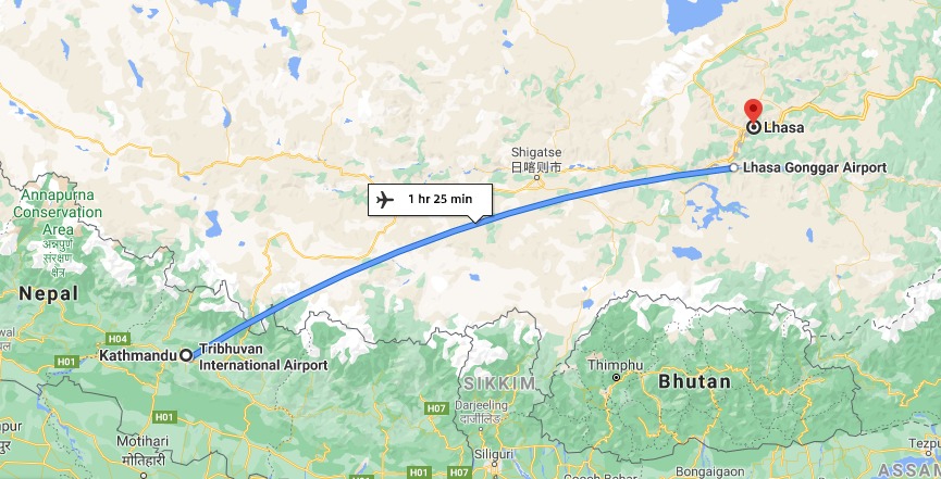 Kathmandu to Lhasa flight route
