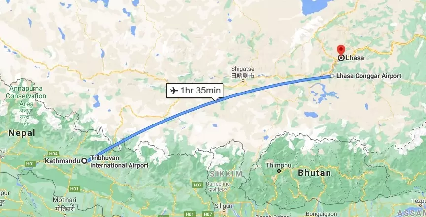 Kathmandu to Lhasa flight route
