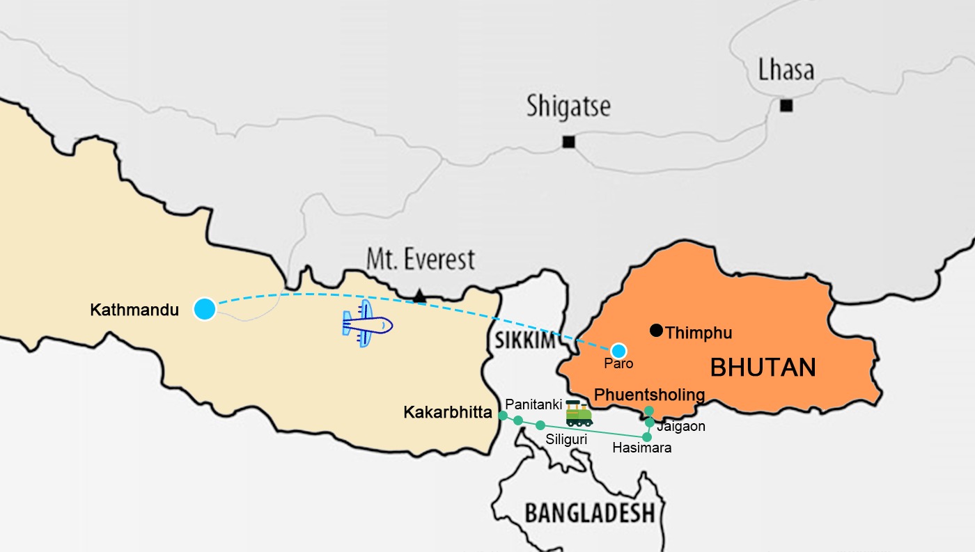 travel routes between Nepal, Tibet and Bhutan