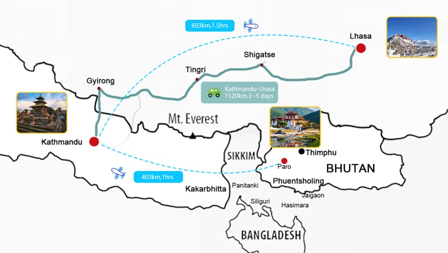 Travel map for Nepal, Bhutan and Tibet.