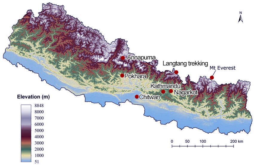 The altitude change of Kathmandu and nearby travel destinations.
