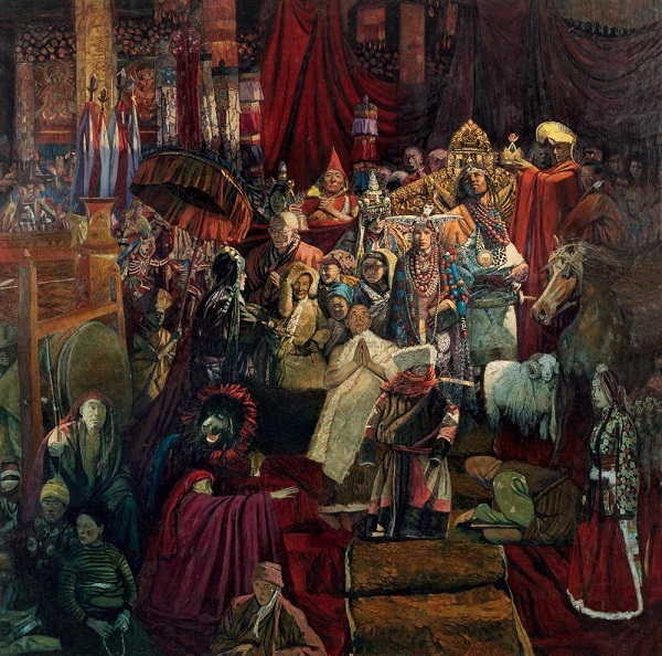 One scene about King Gesar in Tibetan opera in oil painting.