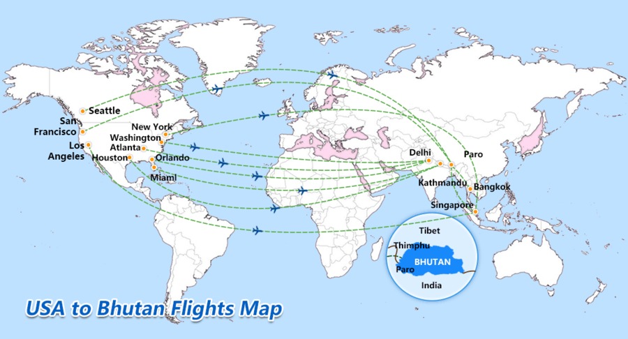 Flight routes from US to Bhutan