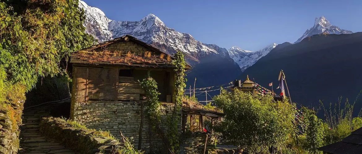 A distinctive village along Annapurna Circuit Trek trail.