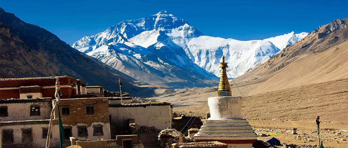 Mount Everest in the distance and Rongbuk Monastery on the left