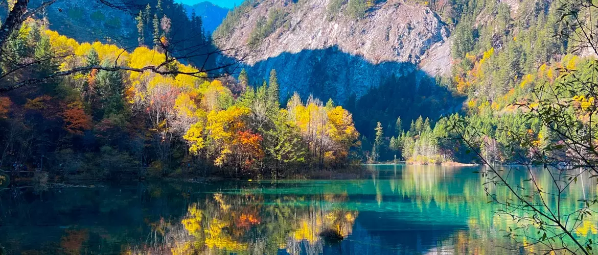Jiuzhai Valley is a world of a fairy tale in Autumn.