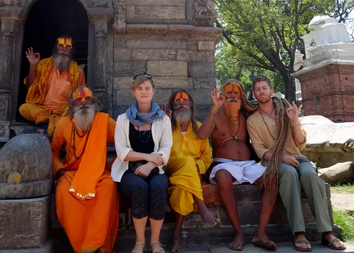 Tourists with ascetic monks in Kathmandu