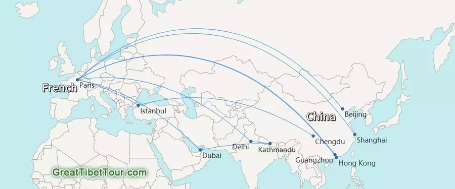 Fly from French to mainland China and Kathmandu