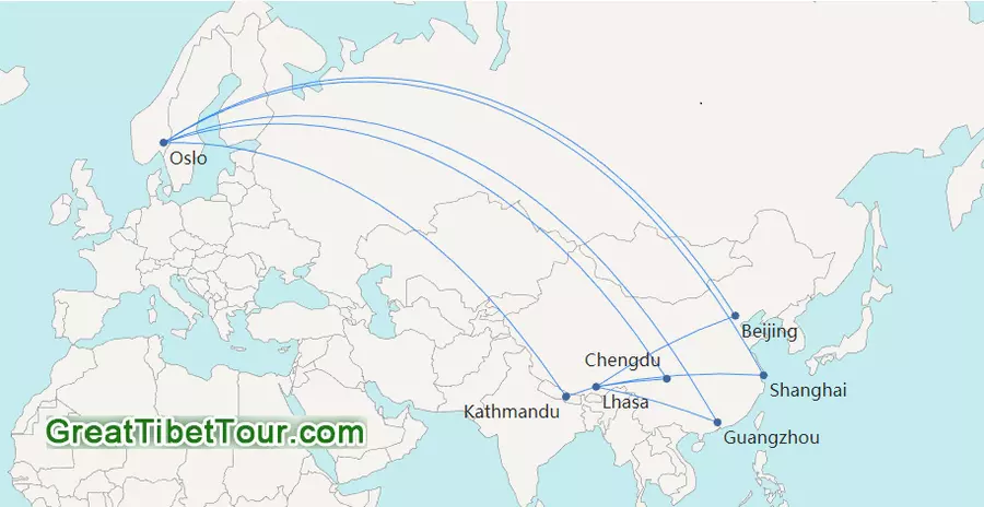 Flight routes from Norway to Tibet