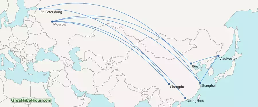 Flight routes from Russia to Tibet