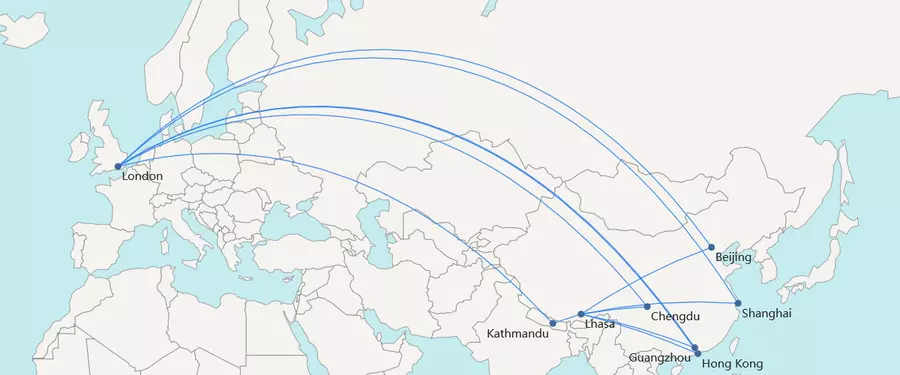 Flight routes from UK to Tibet