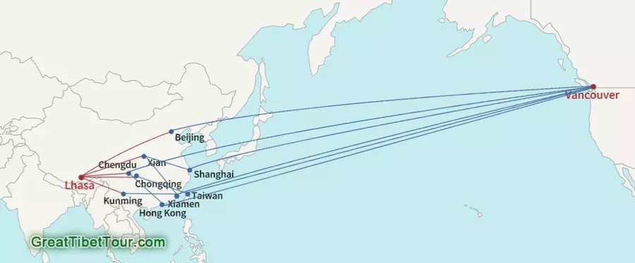 Flight routes from Canada to Lhasa