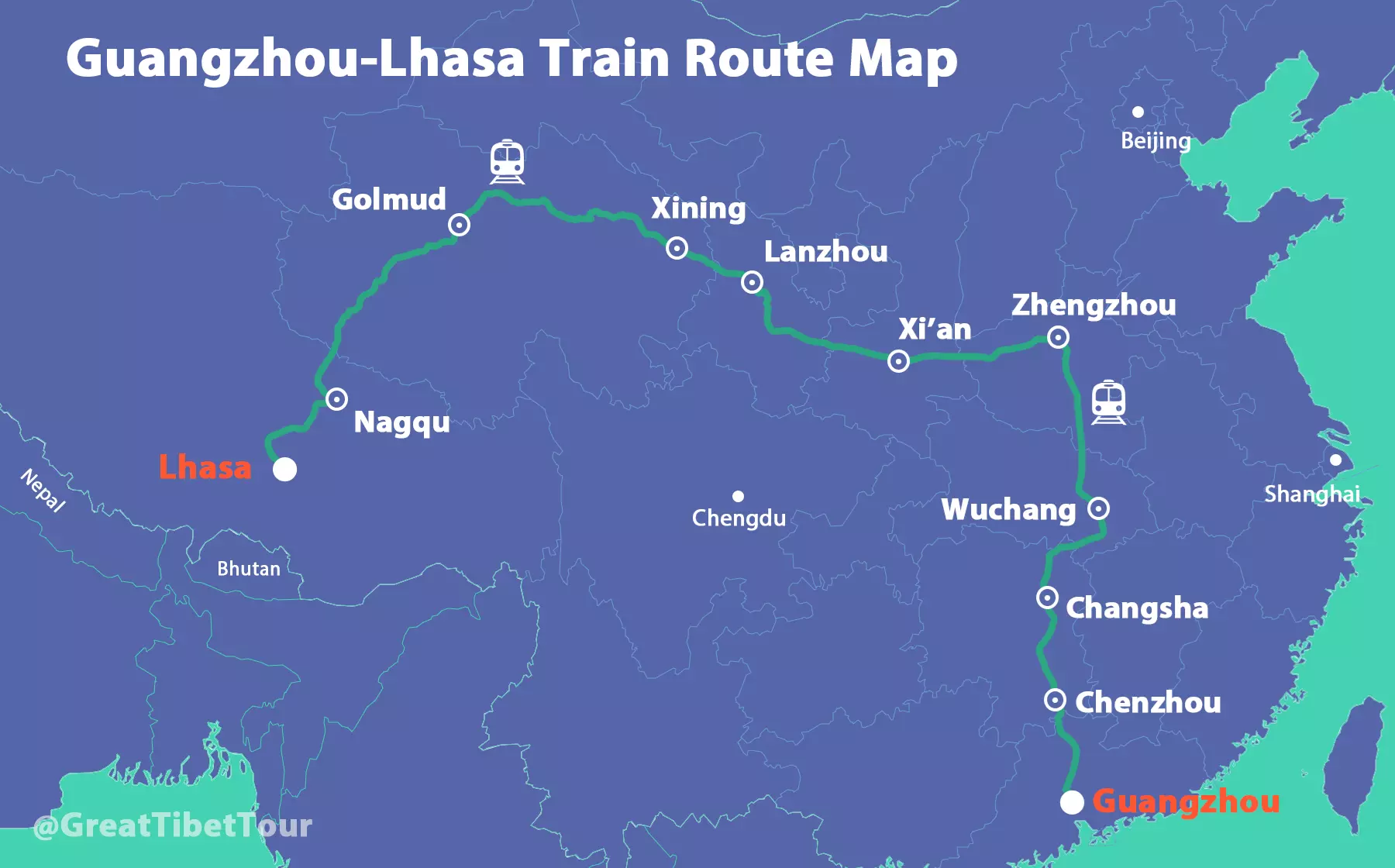 Route map Map of Guangzhou to Lhasa train route
