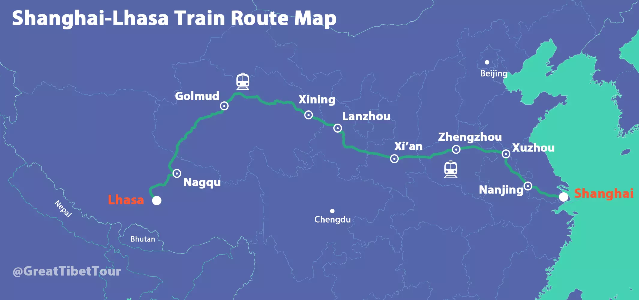 Shanghai Lhasa Train Map of Shanghai to Lhasa train route