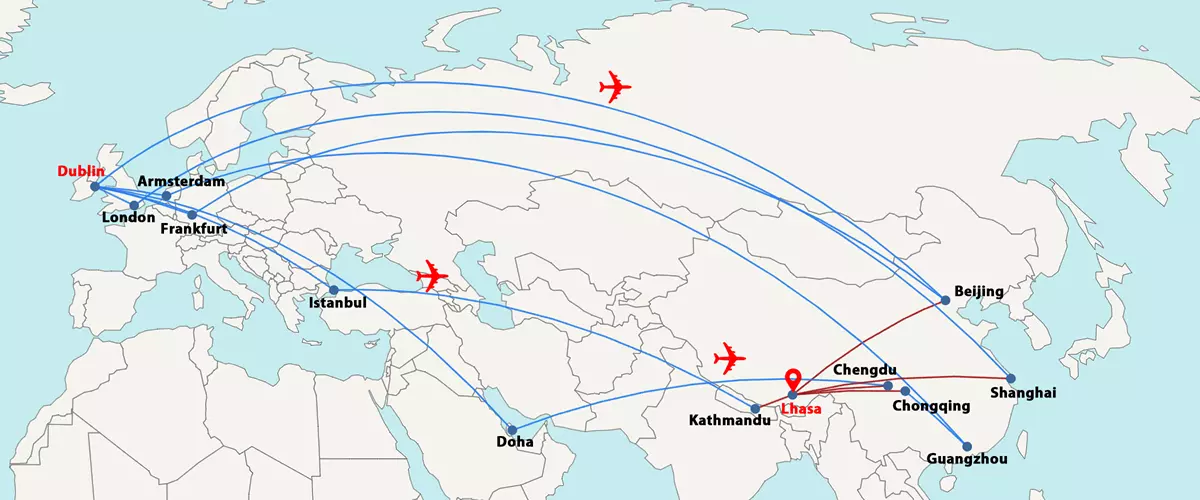 Dublin to Lhasa air routes