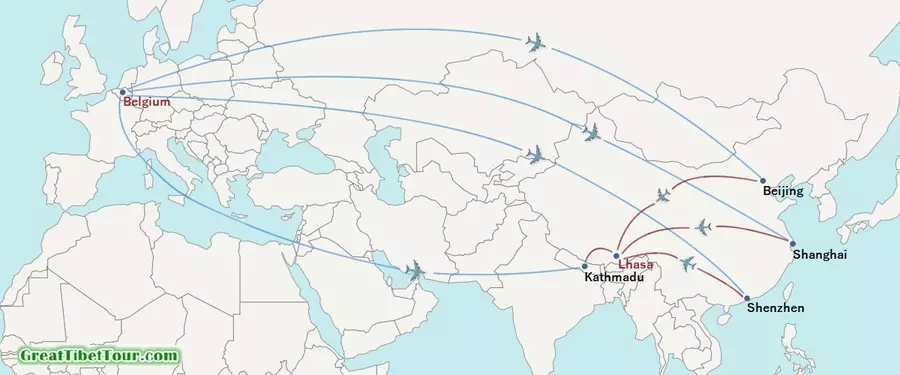 Flugroute von Belgien nach Lhasa