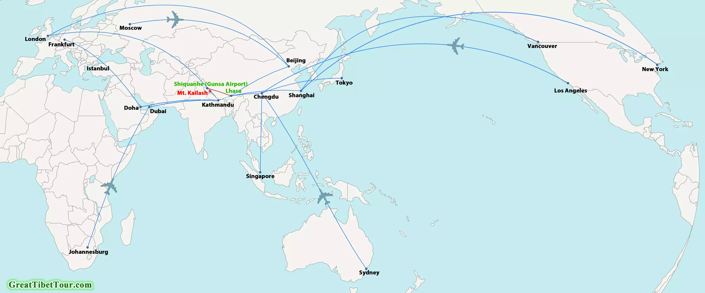 Flight routes to Mount Kailash