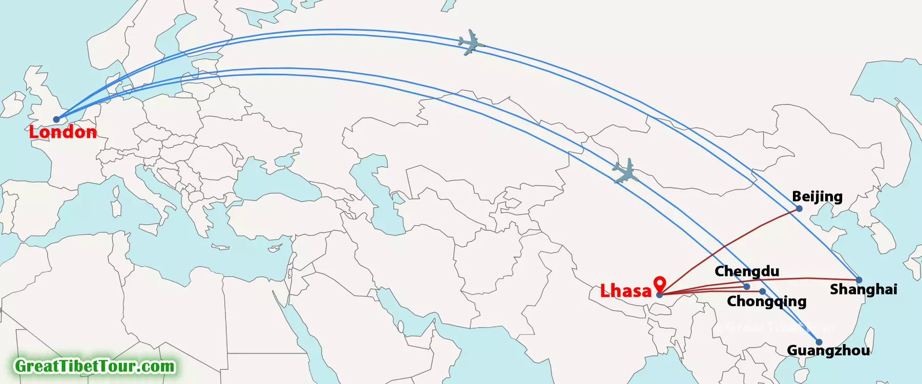 Flight routes from UK to Tibet