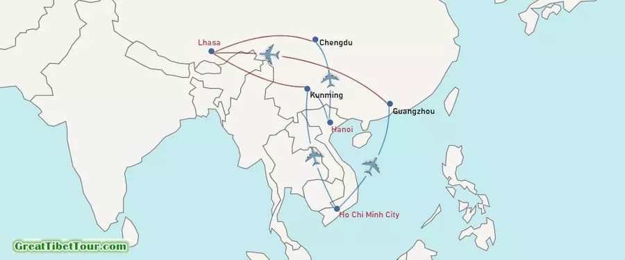 Air routes from Vietnam to Tibet