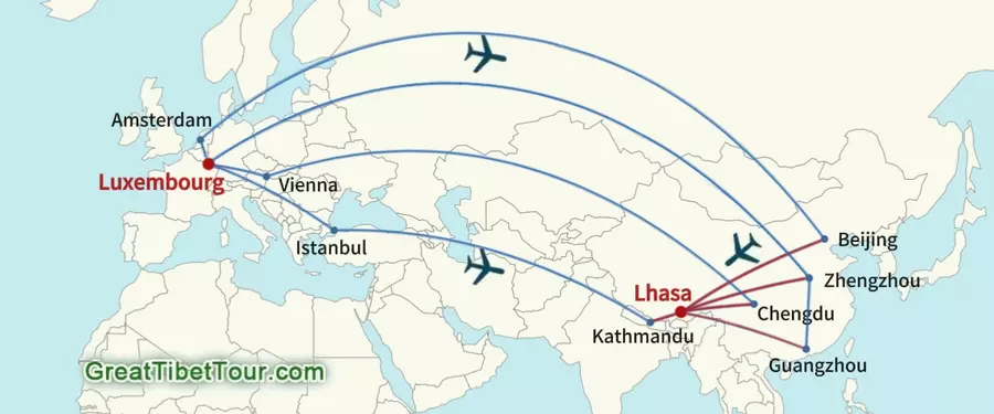 Luxembourg to Tibet flight routes